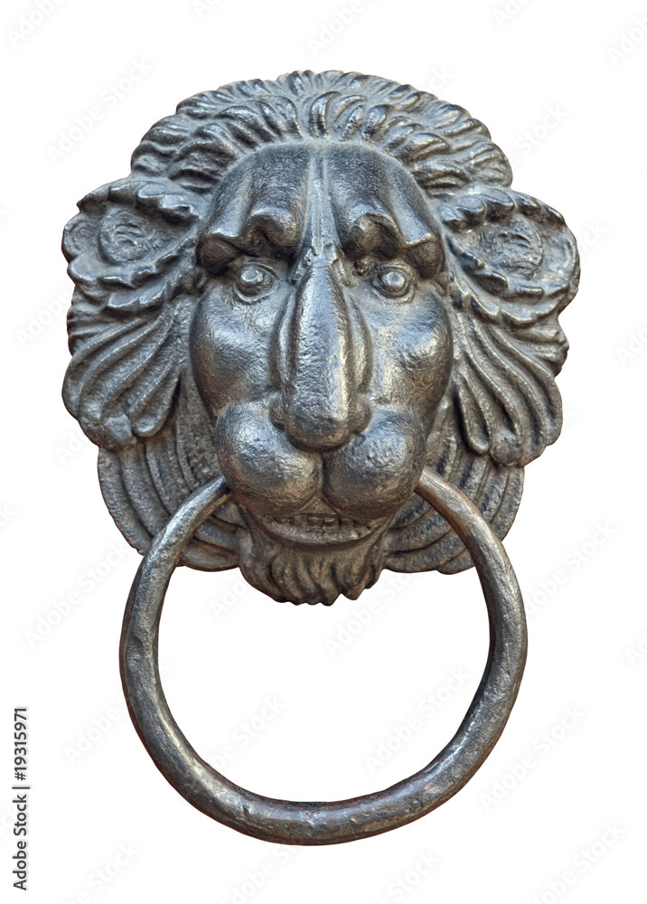 Medieval door knocker, iron lion head cutout