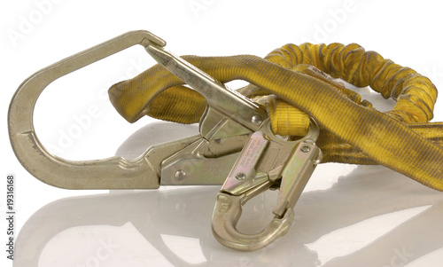 industrial safety harness equipment with reflection on white photo