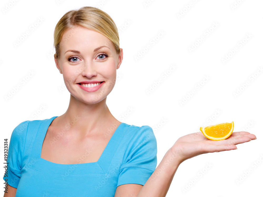 woman holding in hands the cantle of orange woman holding in hands the cantle of orange