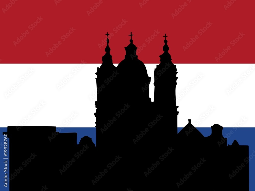 silhouette of Amsterdam on Netherlands flag background