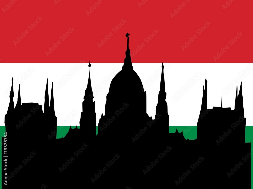 silhouette of Budapest on Hungary flag background silhouette of Budapest on Hungary flag background