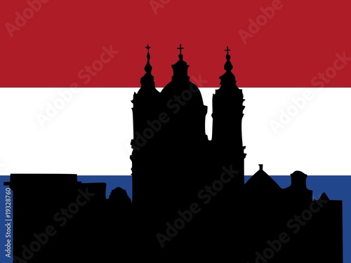 silhouette of Amsterdam on Netherlands flag background
