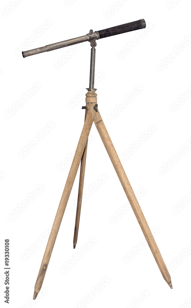 Old simple spyglass on wooden tripod cutout Old simple spyglass on wooden tripod cutout