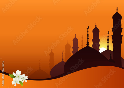 Skyline with minarets, domes of mosques and Jasmine flowers.
