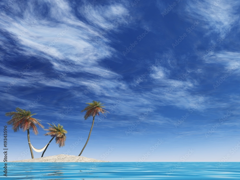 Fototapeta premium small isolated island with palm trees and a hammock
