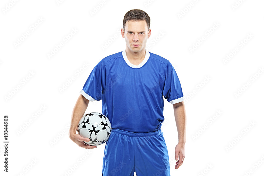 Mad footballer holding a football isolated on white