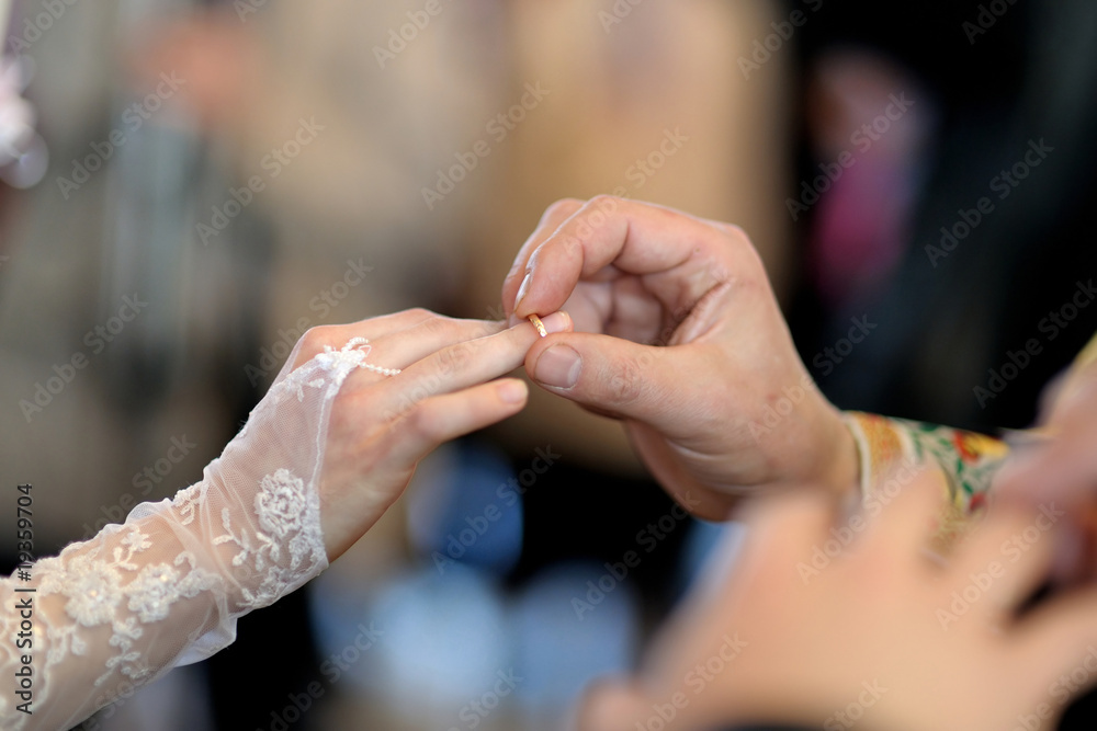 Groom putting the ring on bride's finger