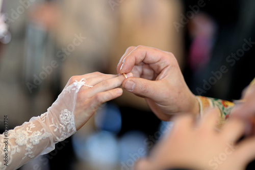 Groom putting the ring on bride's finger