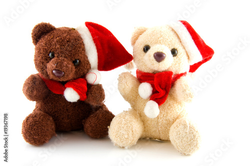 Two stuffed christmas bears over white background