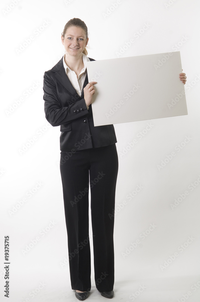 young businesswoman with white sign young businesswoman with white sign