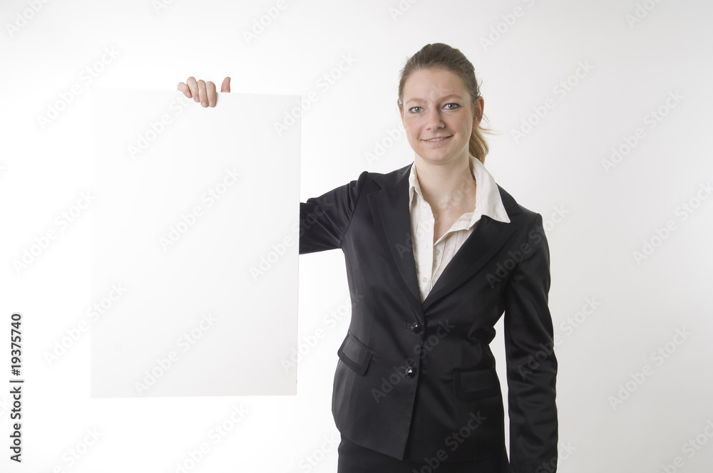 young businesswoman with white sign young businesswoman with white sign