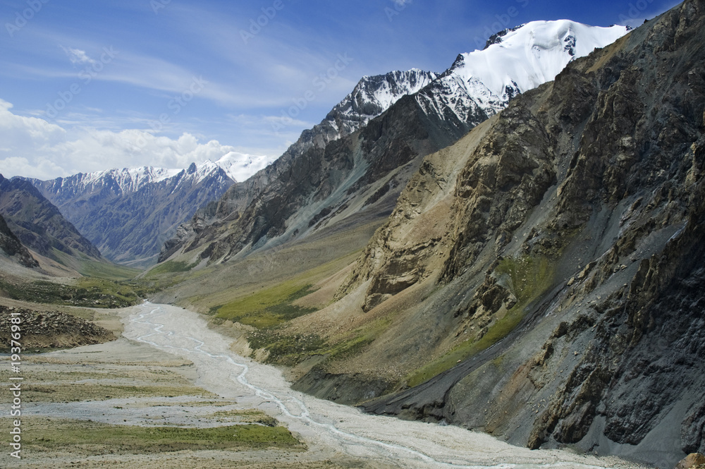 Mountain valley with canyons and rockslides