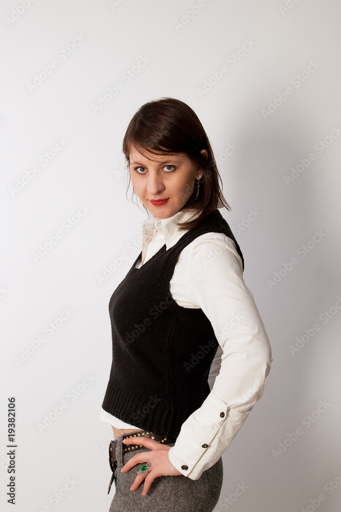 young cute girl with passion look standing isolated on white young cute girl with passion look standing isolated on white