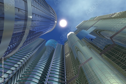 Three Sky-scrapers buildings directed to sun upwards