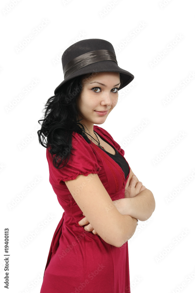 GIRL WITH HAT AND RED DRESS SMILING ON WHITE GIRL WITH HAT AND RED DRESS SMILING ON WHITE