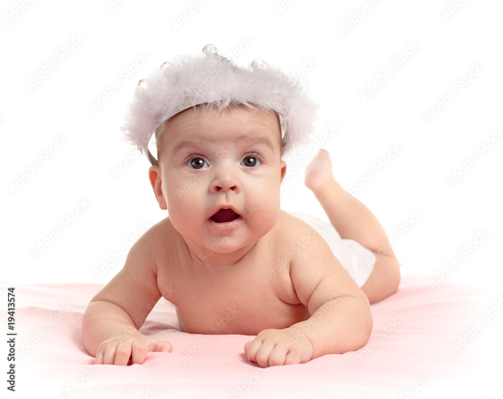 Little baby girl in tiara or diadem isolated on white Little baby girl in tiara or diadem isolated on white
