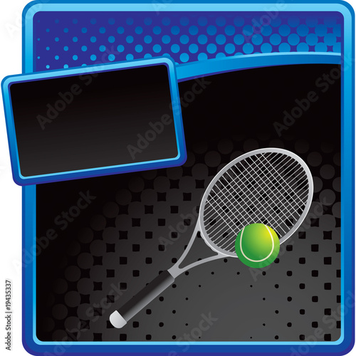 tennis racket and ball blue and black halftone advertisement