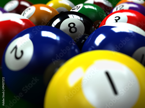 Photoreal 3D Pool balls racked, eight ball in focus