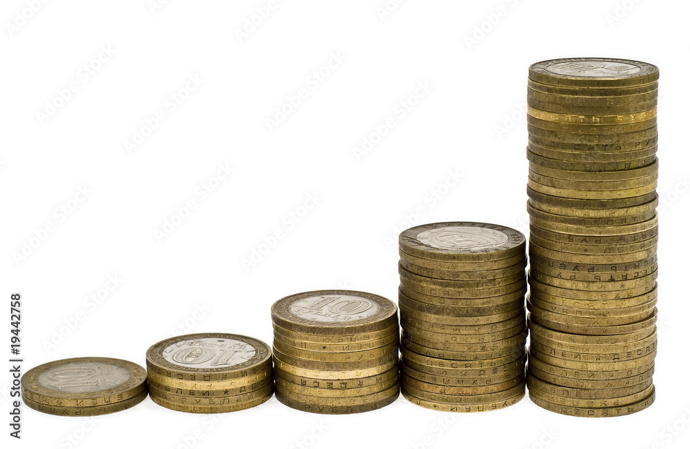 Columns of coins on white background Columns of coins on white background