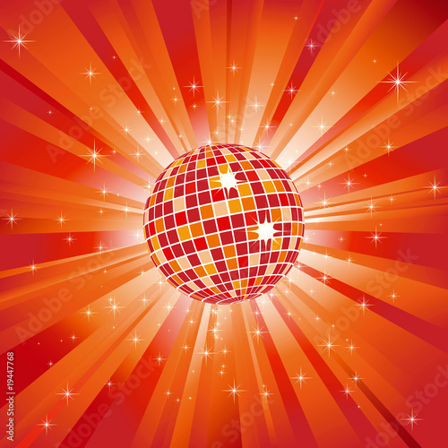 Sparkling disco ball on orange light burst and glitter stars