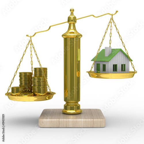 house and cashes on scales. Isolated 3D image