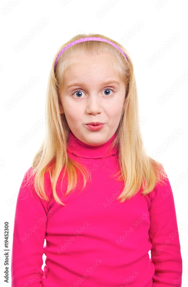 surprised girl in a pink sweater isolated on white surprised girl in a pink sweater isolated on white