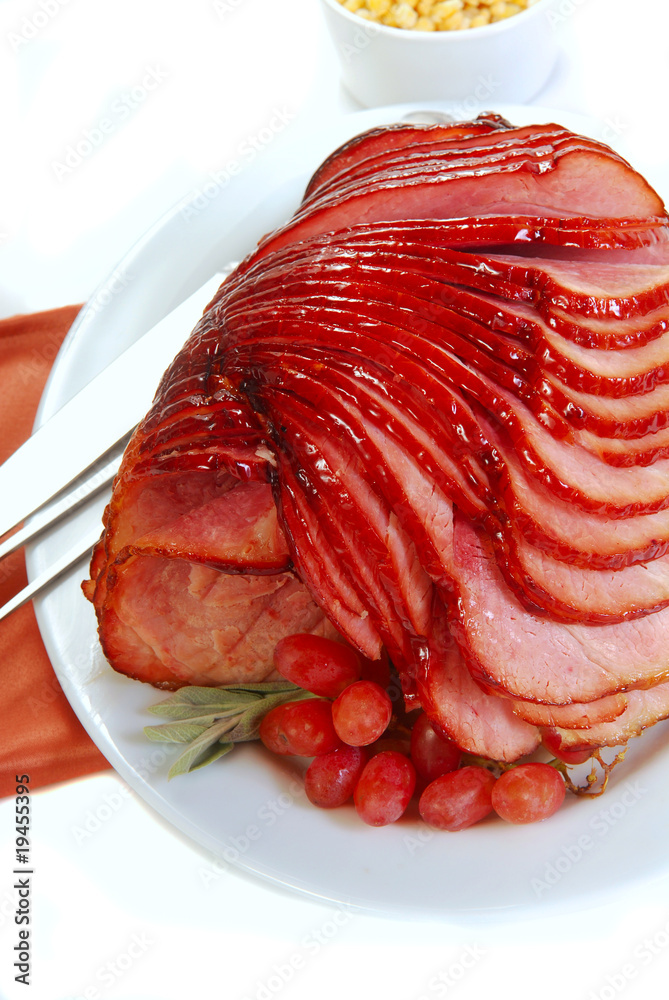 Spiral cut ham with sage and grapes