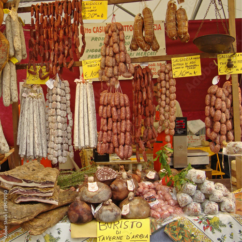 fresh italian sausages on market in Tuscany
