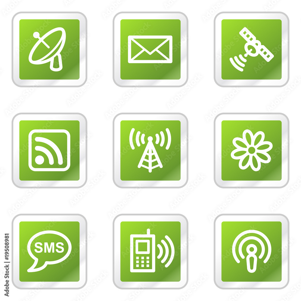 Communication web icons, green square sticker series Communication web icons, green square sticker series