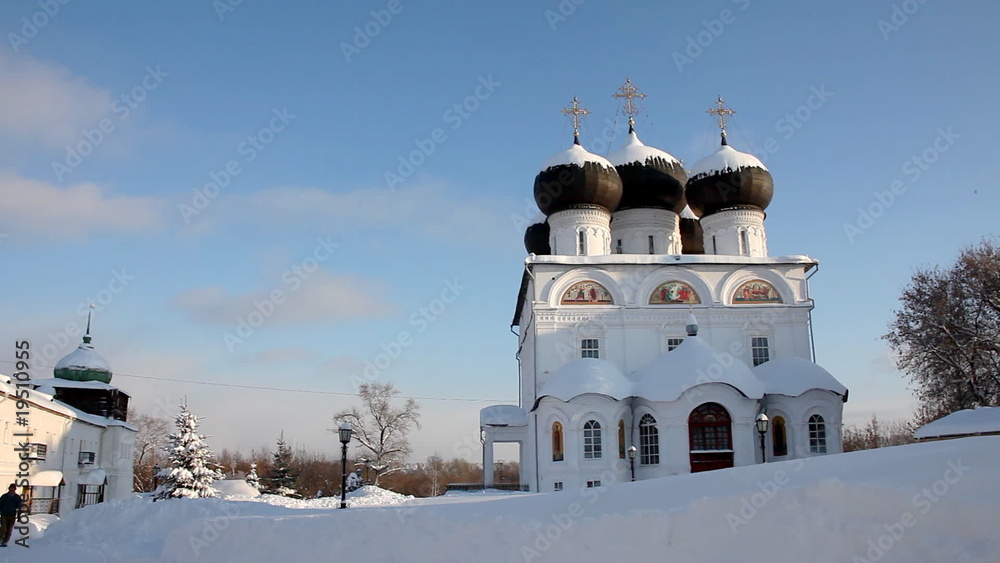 Pan on Christian monastery in winter sunny day Pan on Christian monastery in winter sunny day