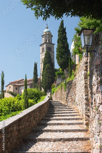 Stone stairway to the church in Morcote, Ticino, Switzerland