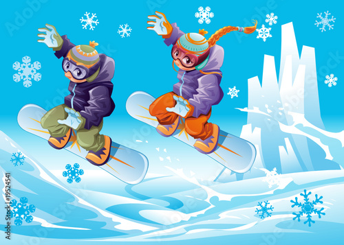 Snowboarding together. Cartoon and vector sport illustration.