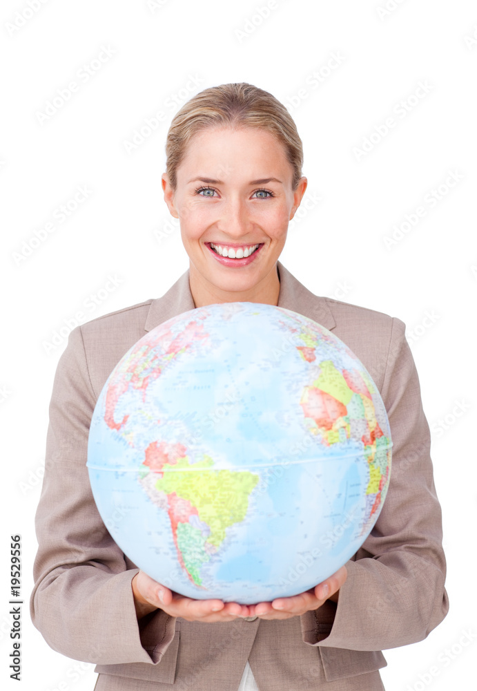 Young businesswoman smiling at global business expansion Young businesswoman smiling at global business expansion