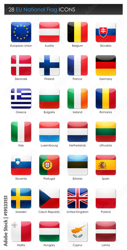 28 EU Countries National Flag - Square Icons - obrazy, fototapety, plakaty 