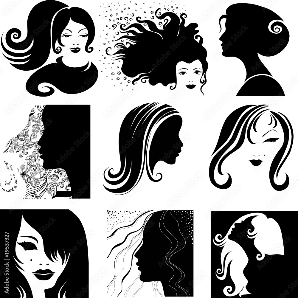 Fototapeta premium Vector set of closeup silhouette portrait of beautiful woman