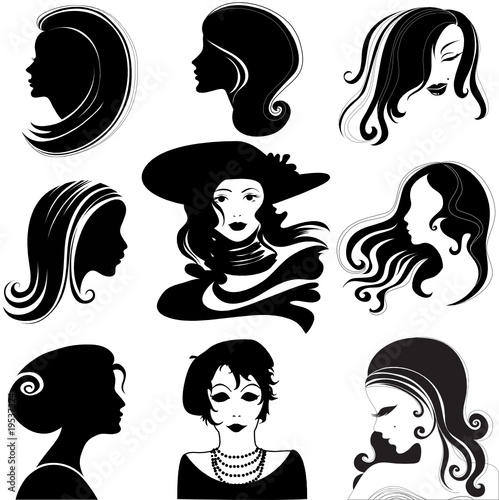 Vector set of closeup silhouette portrait of beautiful woman