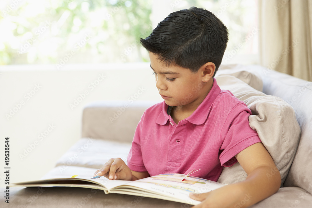 Young Boy Reading Book At Home Young Boy Reading Book At Home