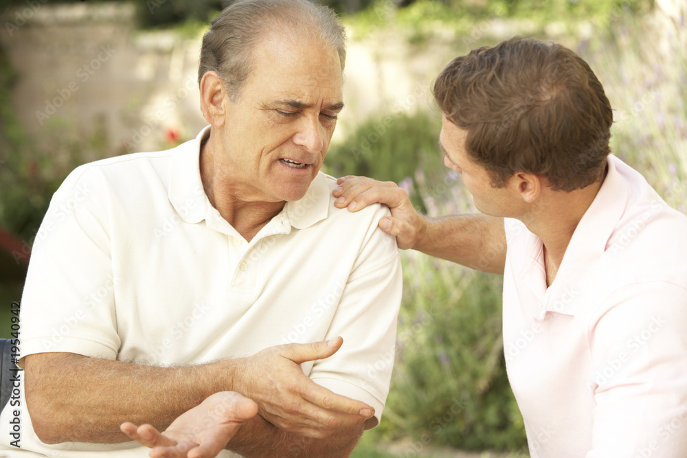 Senior Man Having Serious Conversation Adult Son Senior Man Having Serious Conversation Adult Son