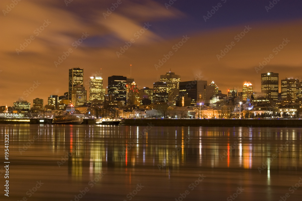 cityscape night scene Montreal Canada river in winter cityscape night scene Montreal Canada river in winter