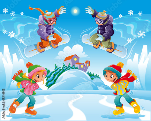 Winter scene. Funny cartoon and vector illustration.