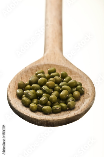 wooden spoon with mung beans photo