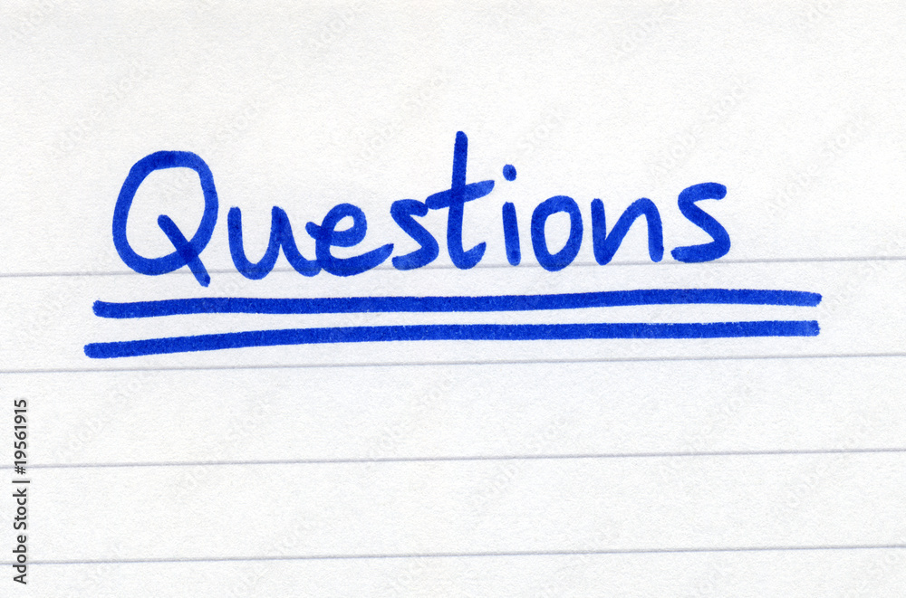 Questions, written with blue ink on white paper. Questions, written with blue ink on white paper.