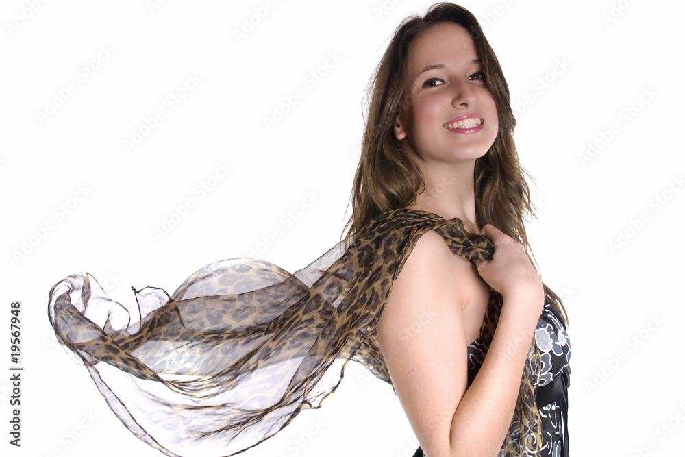 femme souriante et foulard qui vole au vent Stock Photo | Adobe Stock