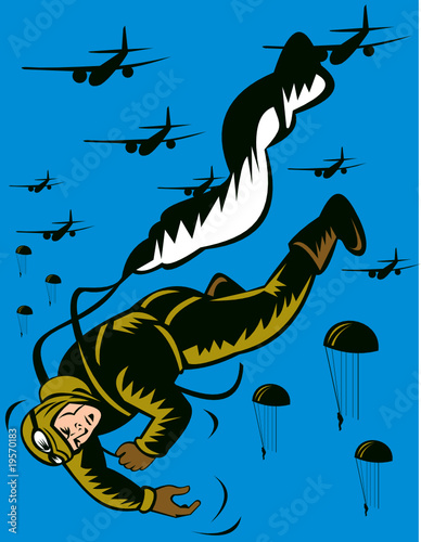 World war two soldier parachuting pulling cord