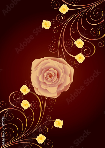 Tea-rose and gold curls on brown background