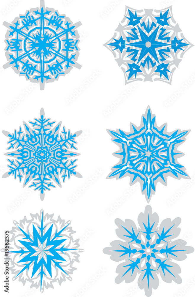 six grey and blue snowflakes