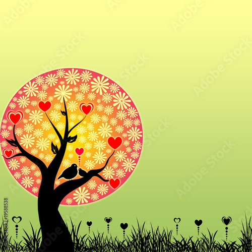 Abstract love birds and red hearts on yellow flowers tree