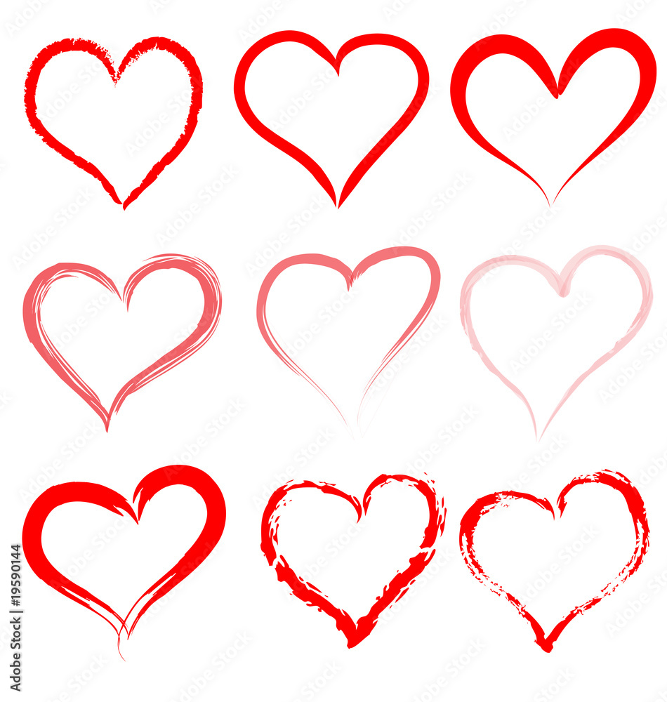 Collection of red artistic hand drawn hearts.