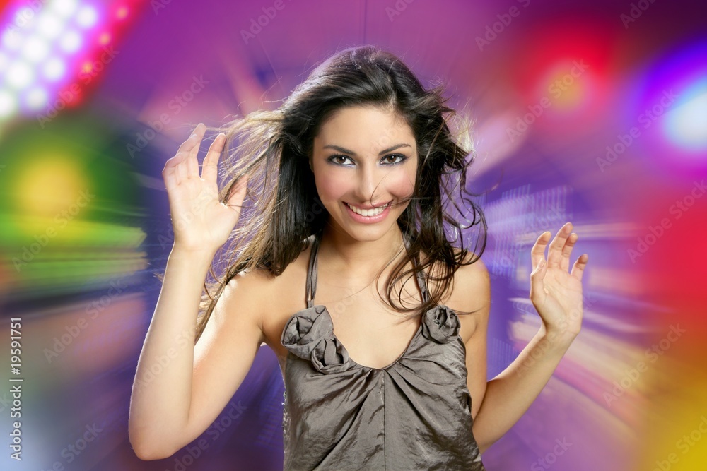 Beautiful brunette dancing night disco lights Beautiful brunette dancing night disco lights