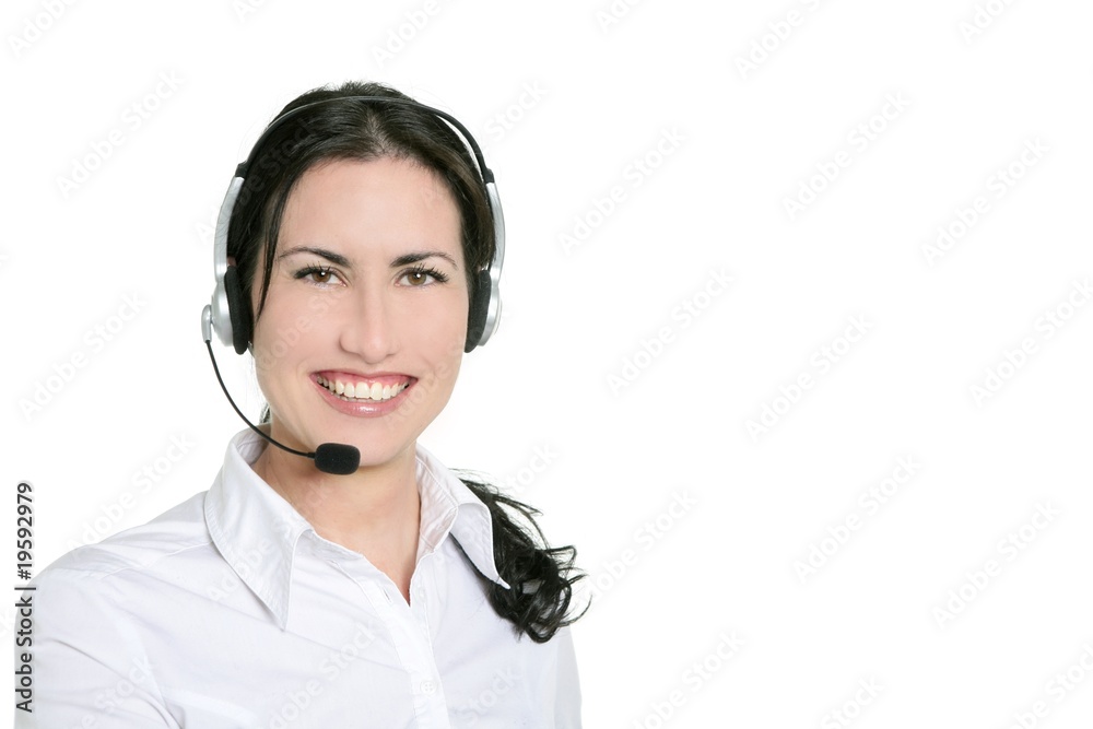 Brunette beautiful businesswoman and headset Brunette beautiful businesswoman and headset